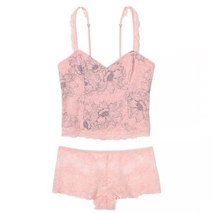 Victoria’s Secret Pink Grey Modal & Lace Cropped Cami Set Medium tank boyshorts